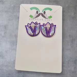 White/Purple + Glitter Lightning Bolt Mini Tulip Earrings | Handmade Polymer Clay | Sterling Silver .925 Posts | Lightweight & Hypoallergenic | Southwest-Inspired Stud Earrings