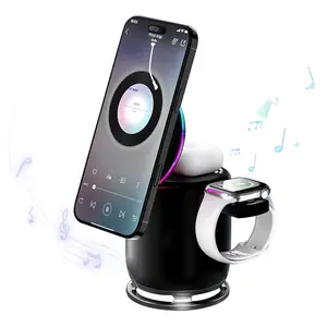ELFEYE Bluetooth Speakers 5-in-1 Wireless Charging Station with Bluetooth Speaker & Magnetic Charger for iPhone 16/15/14/13/12 Pro Max, Apple Watch, & AirPods - 30W Adapter, 360° Sound, Night Light, Stable Connection, boys christmas gifts