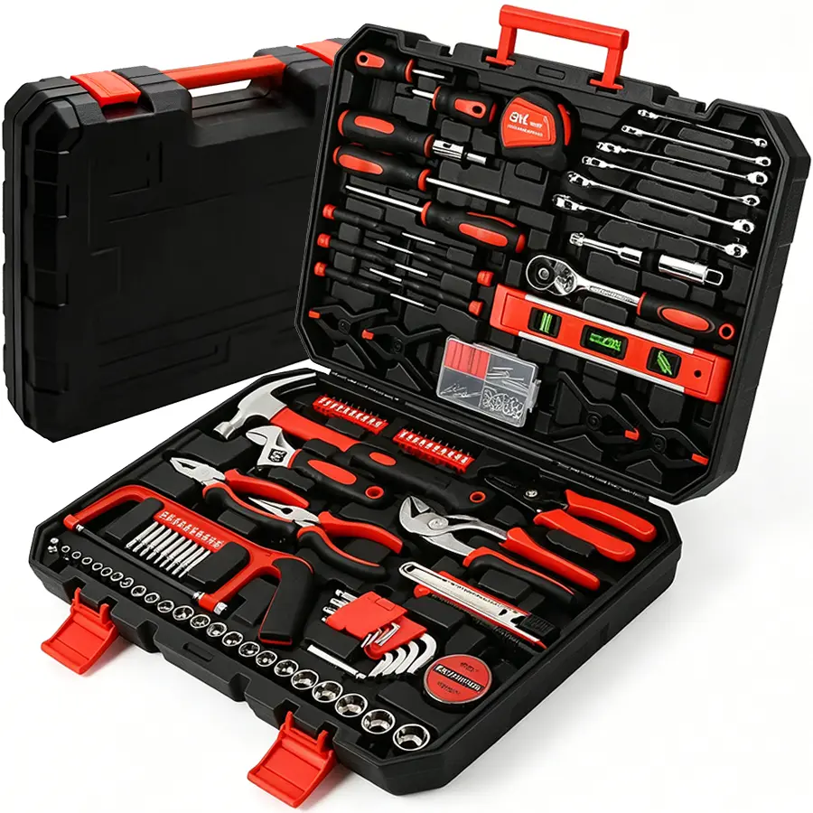 158 Piece Home Tool Kit, Household Basic Repair Tool Set Comes with Plastic Storage Case, Socket Wrench Set for Car-Red