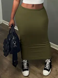 Women's Solid High Waist Slim Skirt Maxi Long Elastic Waists Bodycon Pencil Skirts 2025 Dressy Trendy