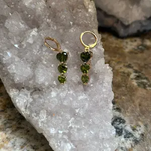 Gold Heart Olive Green Peridot Dangle Earrings