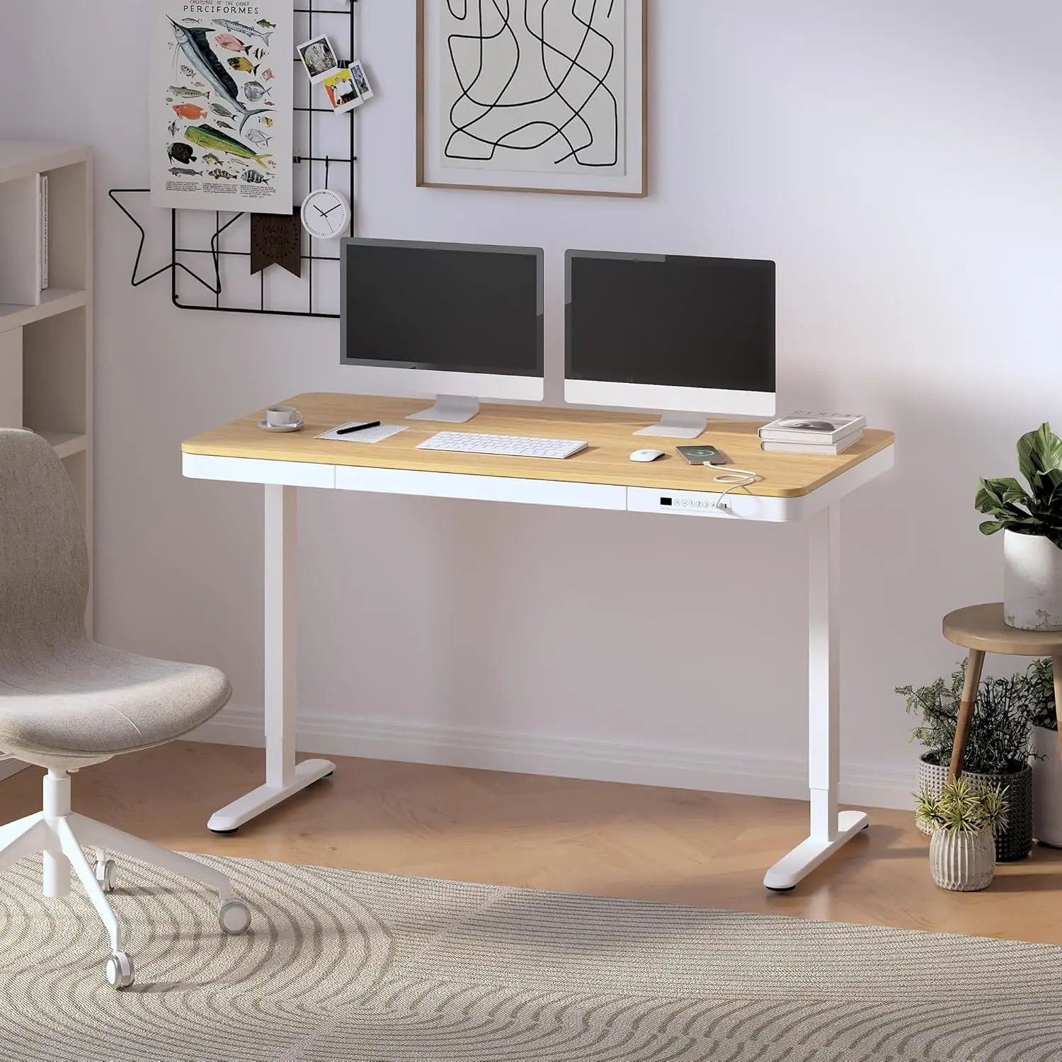 55" Electric Standing Desk with Drawers, Quick Assembly Home Office Sit Stand Desk with Storage, USB Charging, Computer Desk for Home Office (Maple Top + White Adjustable Frame, Comhar)