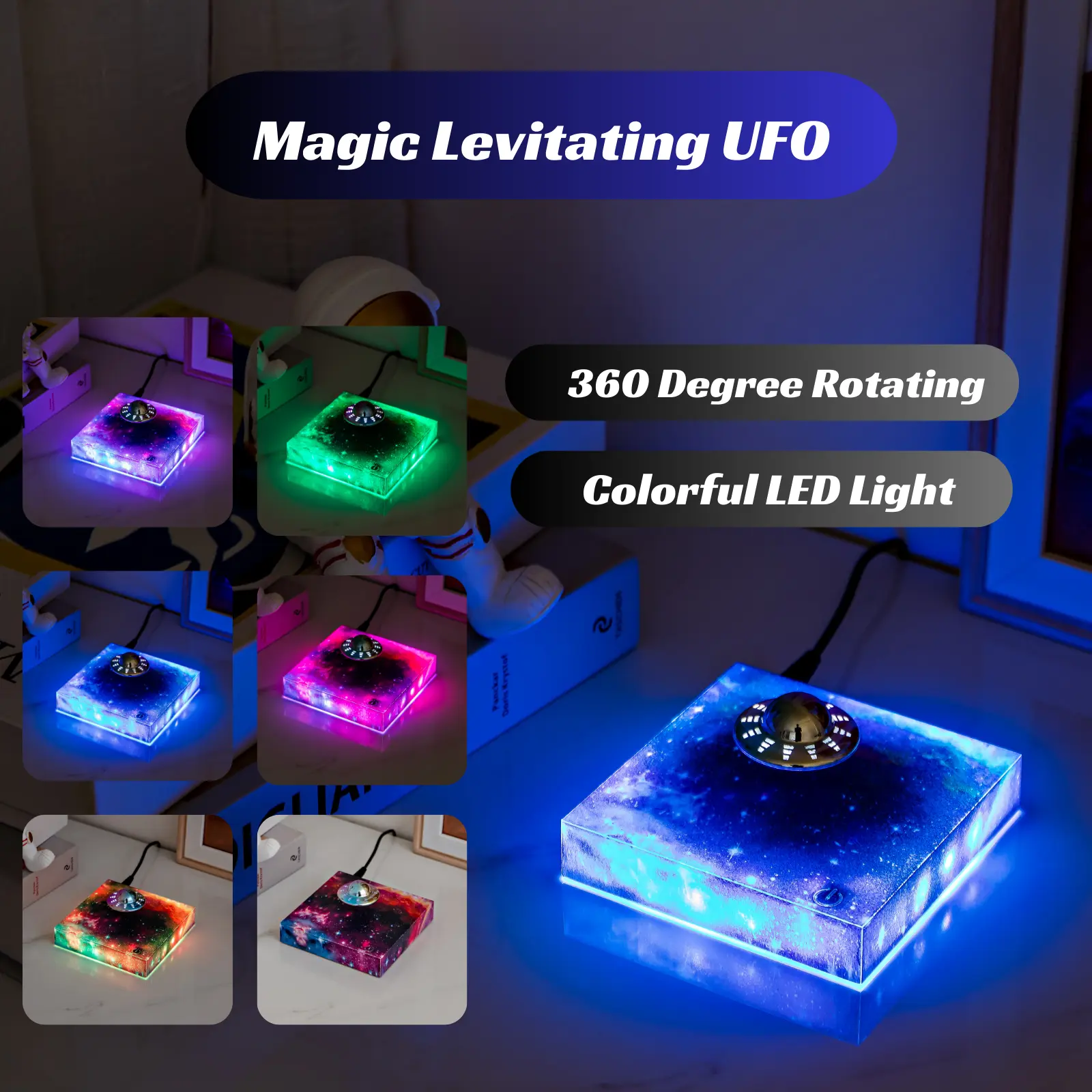 Magnetic Levitation Floating UFO Night Light, Dimmable LED Self-Rotate Indoor Light, Futuristic Space E-Sports Desktop Ornament, Christmas Gift for Girls