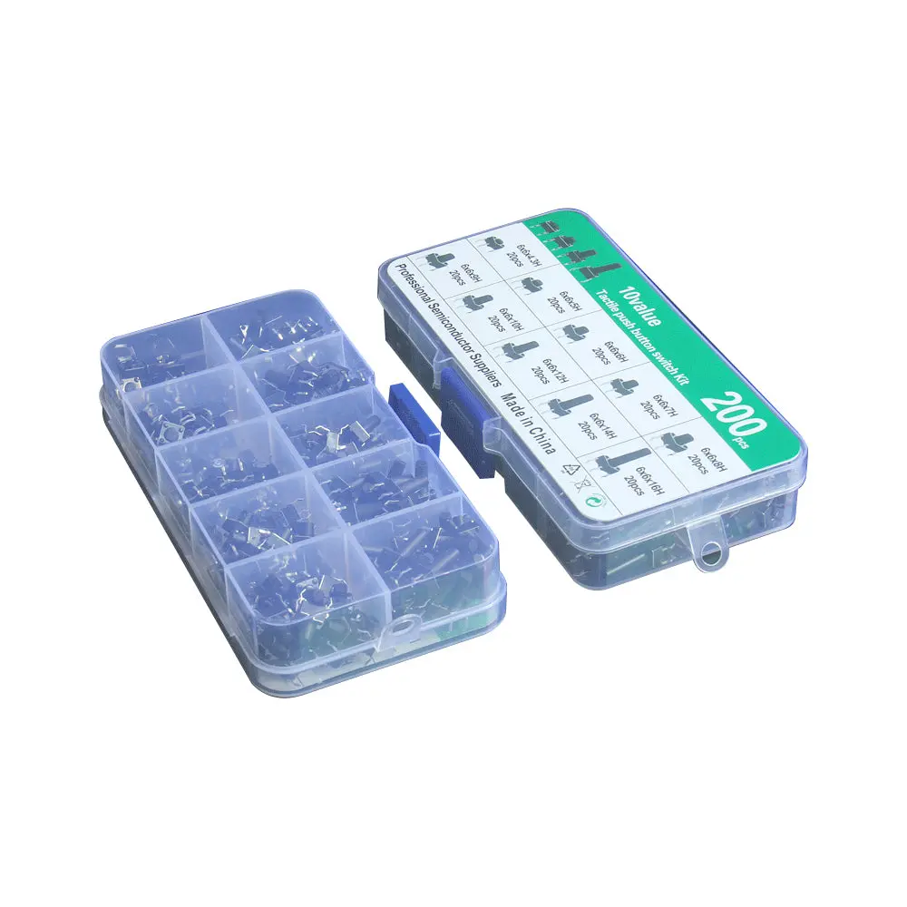 ST SHILLEHTEK 200-Piece Multi-Size Compact 6mm Light Touch Button Switch Kit with Round Actuator, 10 Heights (4.3mm,5mm,6mm,7mm,8mm,9mm,10mm,12mm,14mm,16mm), Plastic Storage Box for Toys, Keyboards - Home Improvement Electrical Supplies
