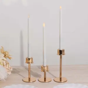 Set of 3 Metal Taper Candlestick Holders Gold with Round Base - Hurricane Candle Stands 3.5", 5.5", 8"