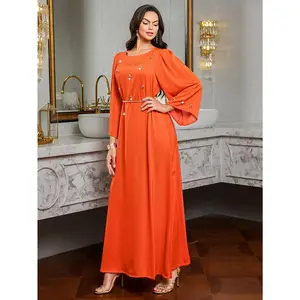 Elegant Orange Handcrafted Rhinestone Maxi Dress with Belt - Long Sleeve, Floor-Length Gown for Middle Eastern Dubai Parties, Formal Events, and Sophisticated Gatherings, Party Dress, Sophisticated Gathering Attire, Long Sleeve Dress, Floorlength Gown