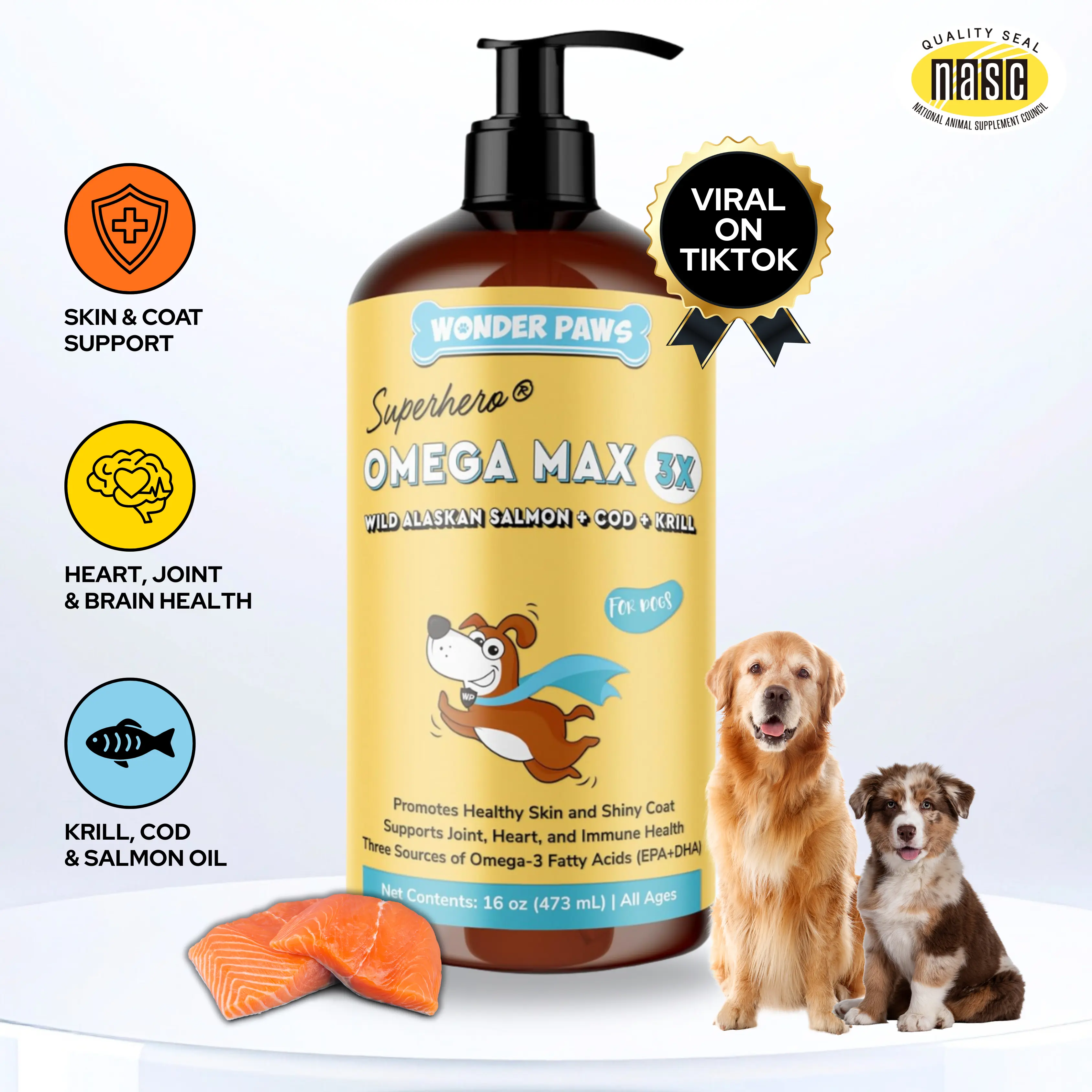 Wonder Paws Omega Max 3X Fish Oil for Dogs - Triple Source Alaskan Salmon Cod & Krill Oil for Healthy Coat Joints & Immune System Support - Canine Nutritional Supplement