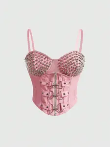 Women’s Punk PU Vest – Rivet Patchwork Sexy Leather Look Top