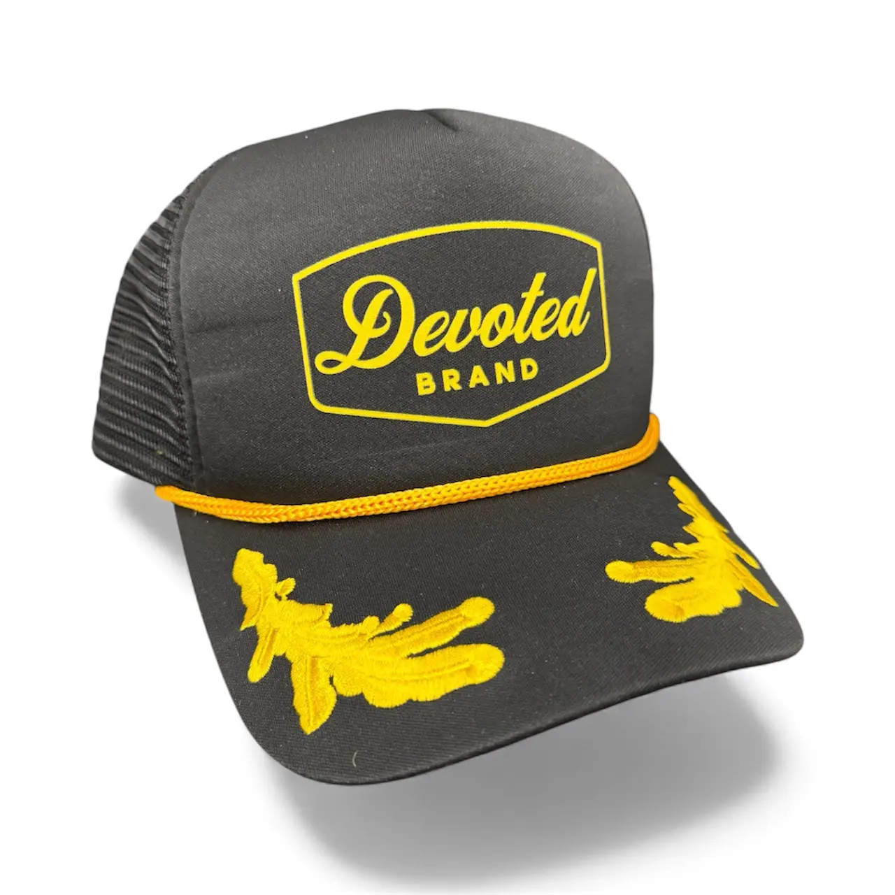 Devoted Brand Unisex Fit Military Commander Trucker Hat - Black & Yellow, Adjustable, Breathable, High Crown, Mesh Back, Gold Rope Detail, Embroidered Leaf Patches, Bold Logo, Vintage Streetwear for Creators, Daily Wear