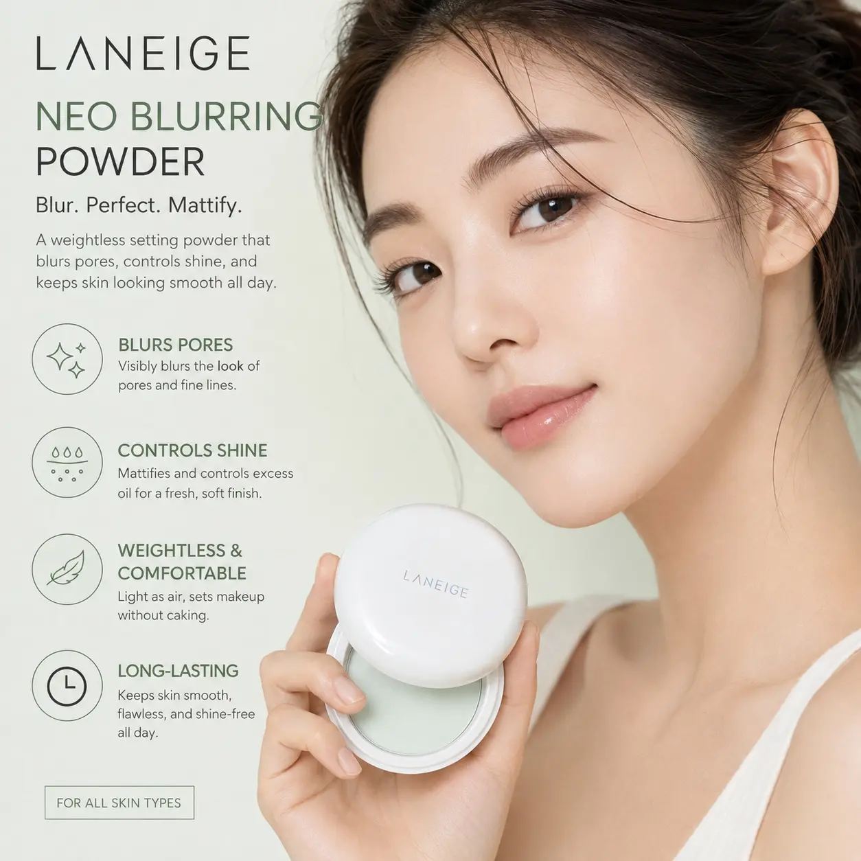 LANEIGE Neo Blurring Powder - Korean Oil-Control Compact, Pore-Blurring Effect, Smoothing Finish, Travel-Friendly No-Spill Packaging