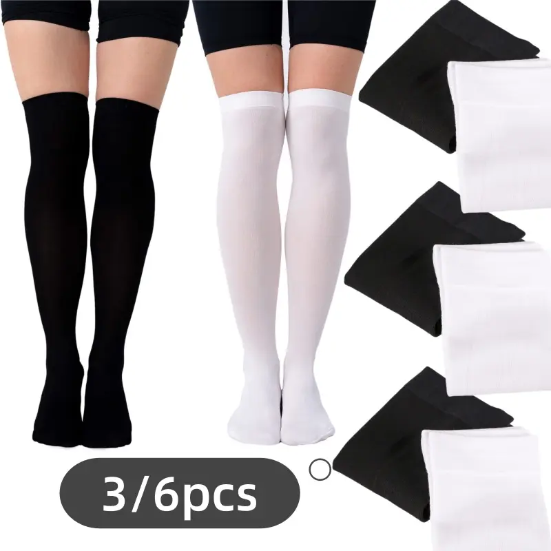 3/6 Pair Solid White Thigh High Socks for Women, Long High Socks, Womens Over The Knee Socks Stockings