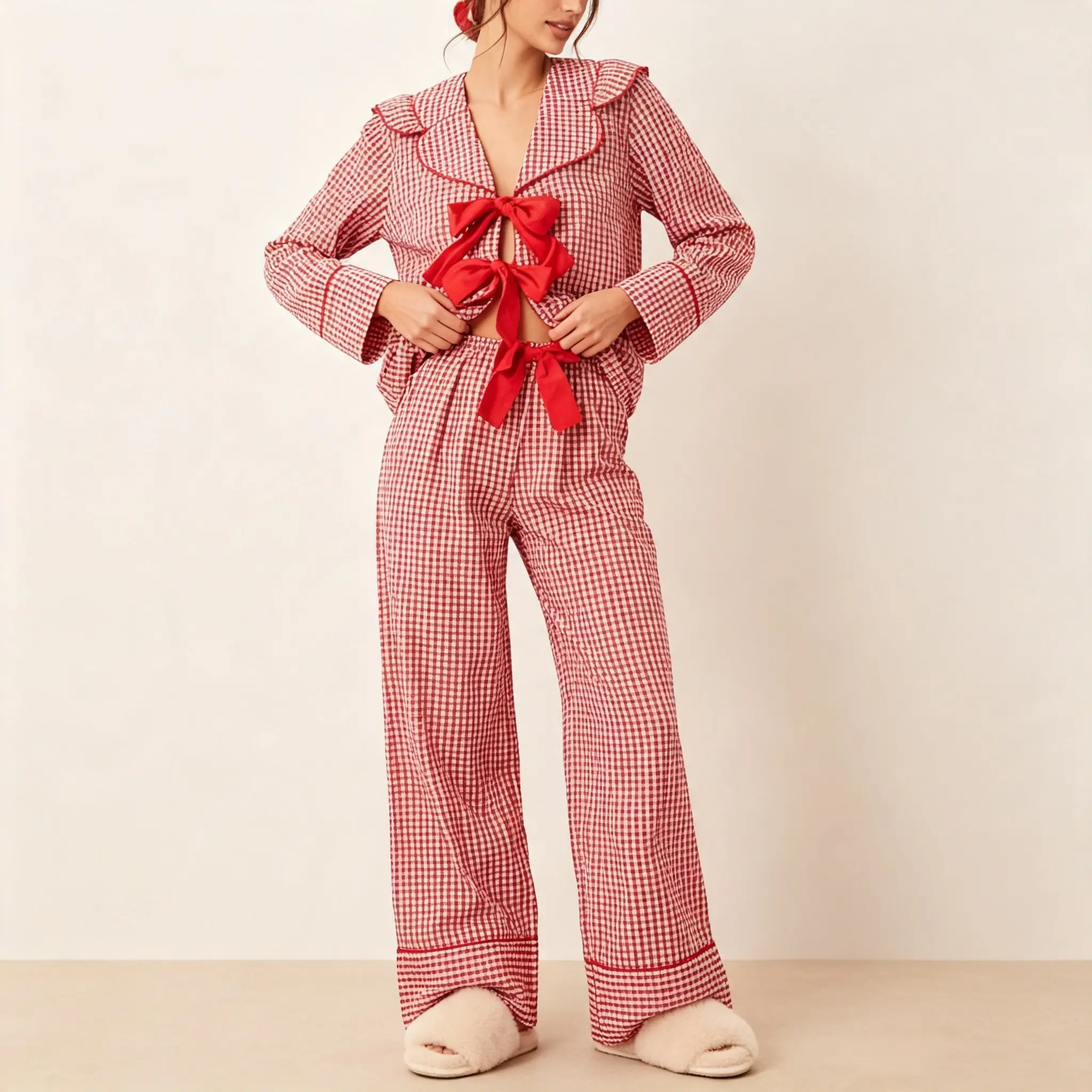 Women Gingham Pajama Set Cute Bow Tie Front Long Sleeve Top Wide Leg Pants 2 Piece Loungewear Set Red Plaid Sleepwear Nightwear for Holiday Christmas