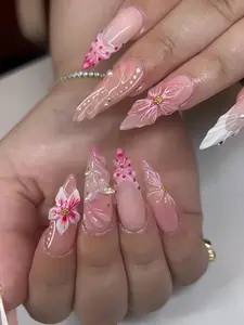 Bubble Nailart | Pink Nude Nails with 3D Floral & Butterfly Details, Pearl Accents & Red Dot Design Handmade Press On Nails REUSABLE Gel/ 2025