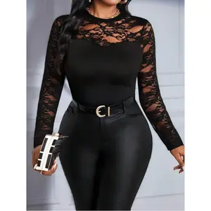 Spring, Summer, Autumn And Winter Lace Black Knitted Round Neck Long Sleeve Contrast Color Mesh Plus Size T-Shirt Halloween Plus Size Halloween Clothes Lace Body Suit Black Lace Bodysuit Black Lace Top Lace Long Sleeve Top Bodysuits For Women