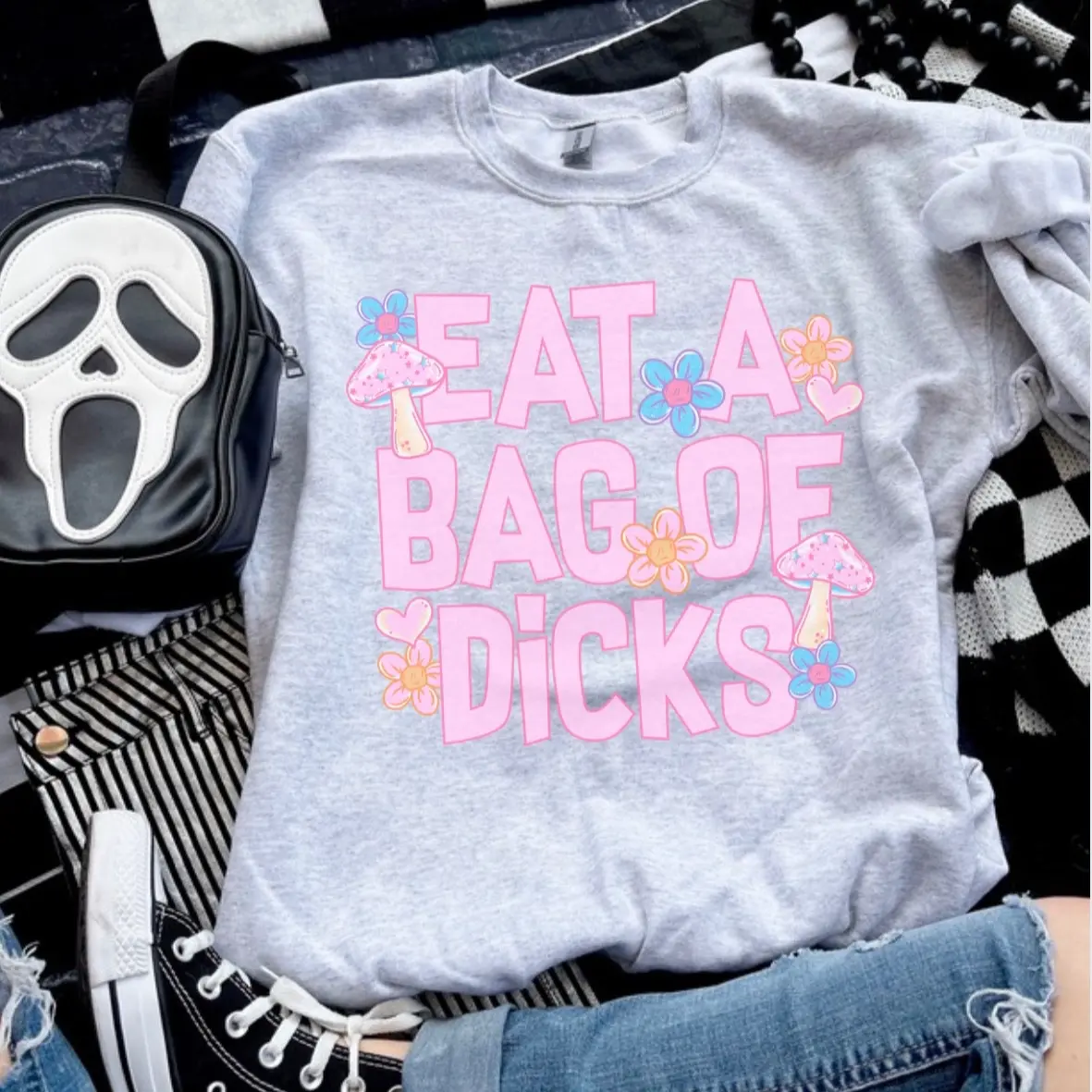 Eat A Bag Of D*cks Sweatshirt - Ash Grey Sublimation Fabric, Love-Themed Petty "Eat A Bag Of D*cks" Design, Long Sleeves Women's Clothing