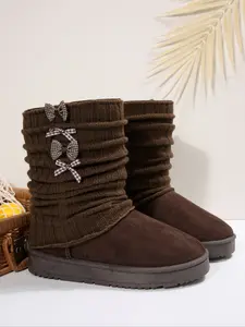 Women's Faux Fur Knitted Bow Socks, Warm Comfortable Winter Snow Boots, Thick Sole Short Tube Booties, Above Ankle Below Knee, Footwear Boot