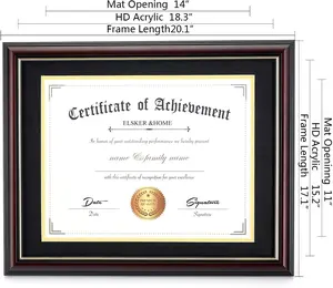 Diploma Frames 11x14 with Mat- Solid Cherry Wood - Display 11x14 Document/Certificate with Mat or 15x18 without Mat - Wall Mount Display (Double Mat, Black Mat with Golden Rim)