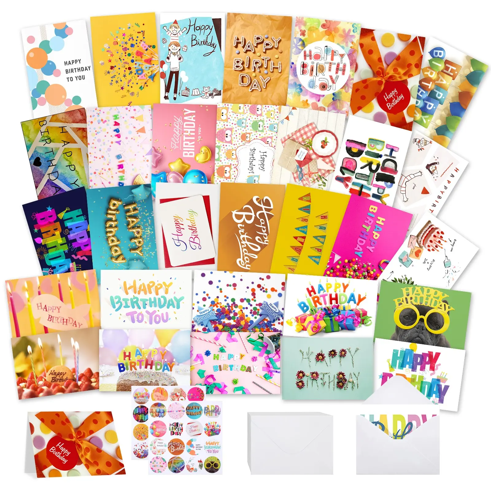 32pcs Happy Birthday Cards & Envelopes Set, 4x6 Multi-Style Self-Seal Design, Ideal for Kids Birthdays at Home, School, or Party Settings, Fun Party Cards, Birthday Designs, Happy Birthday Cards Bulk, Card With Envelope
