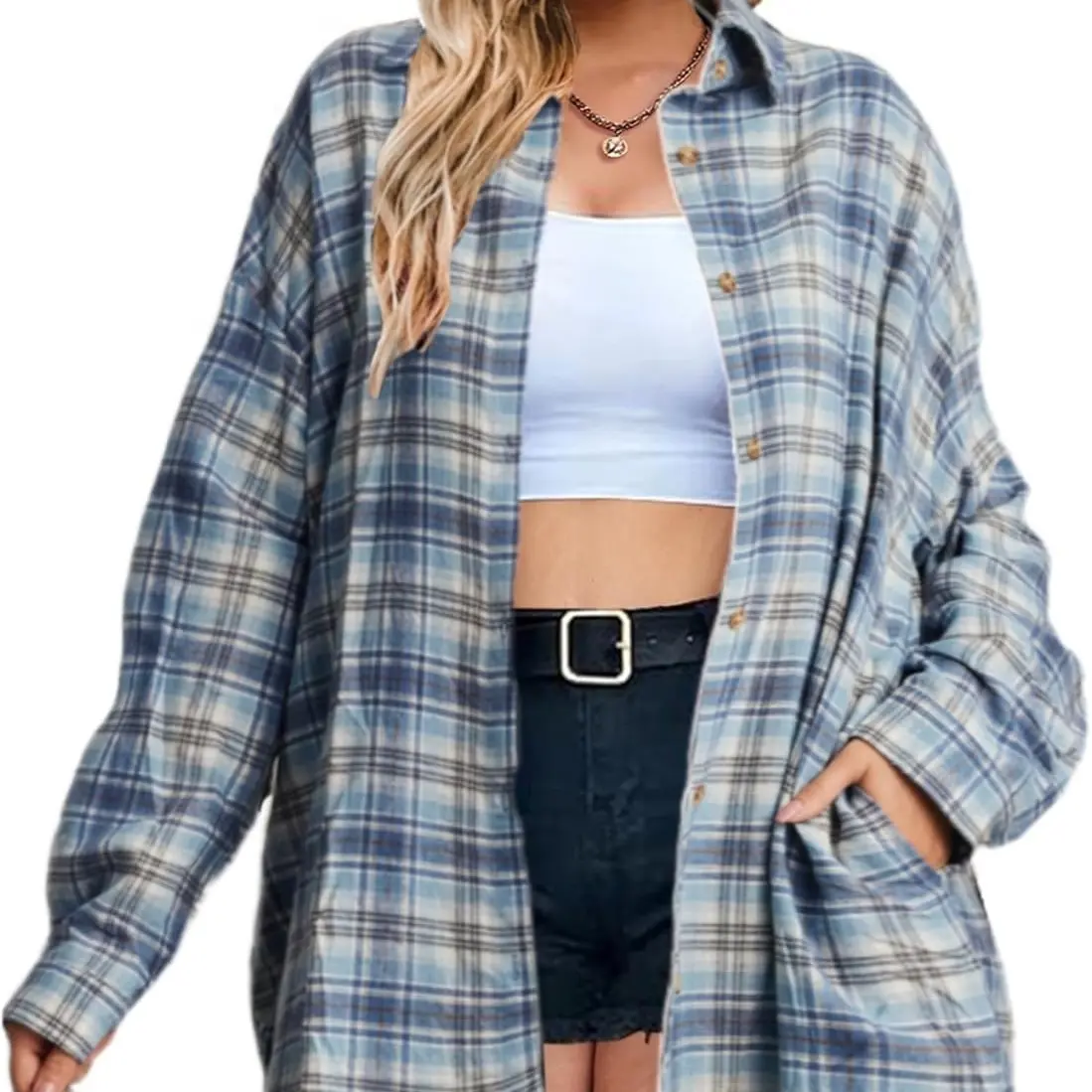 Womens Plus Size Plaid Flannel Shirt Long Sleeve Button Down Blouses Tops Shacket Jackets Coats with Pockets  Womenswear Fabric Chic Fashion Lightweight Mum Party Polyester Skinny