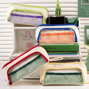 4 retro color block pencil cases, solid colour with mesh design, foldable triangle shape, large capacity, minimalist ins style, durable stationery bag, convenient DIY storage organisation, pencil case stationery box