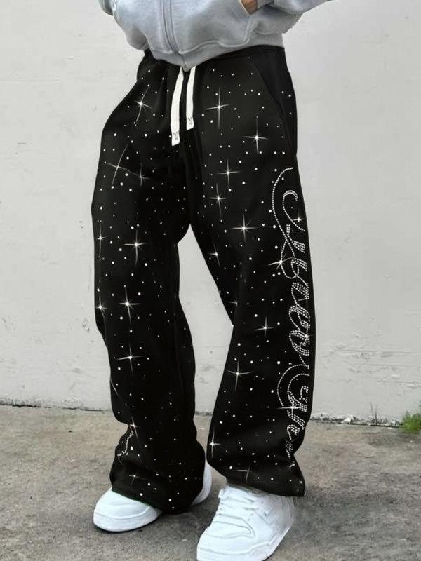 Men's Street Style Straight Leg Sweatpants, Design Sense American Fashion Rhinestone Embroidery, Unisex Casual Pants for Daily Wear, Casual Sporty Trousers Men's Street Style Straight Leg Sweatpants, Design Sense American Fashion Rhinestone Embroidery, Unisex Casual Pants for Daily Wear, Casual Sporty Trousers