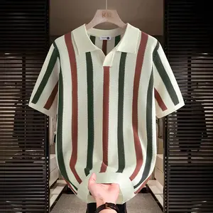 Men’s summer ice silk polo shirt, striped color-block collared short-sleeve T-shirt, men’s trendy casual knit polo shirt top