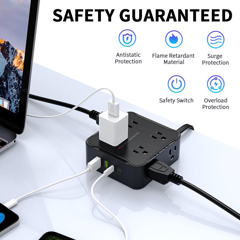 8 AC sockets,6.5FT/10FT/15FT extension cord power board,12-in-1 power board/power socket/power strip, maximum power of 1250.W, 10A, 2 USB 2Type-C, suitable for home, office, travel and computer.