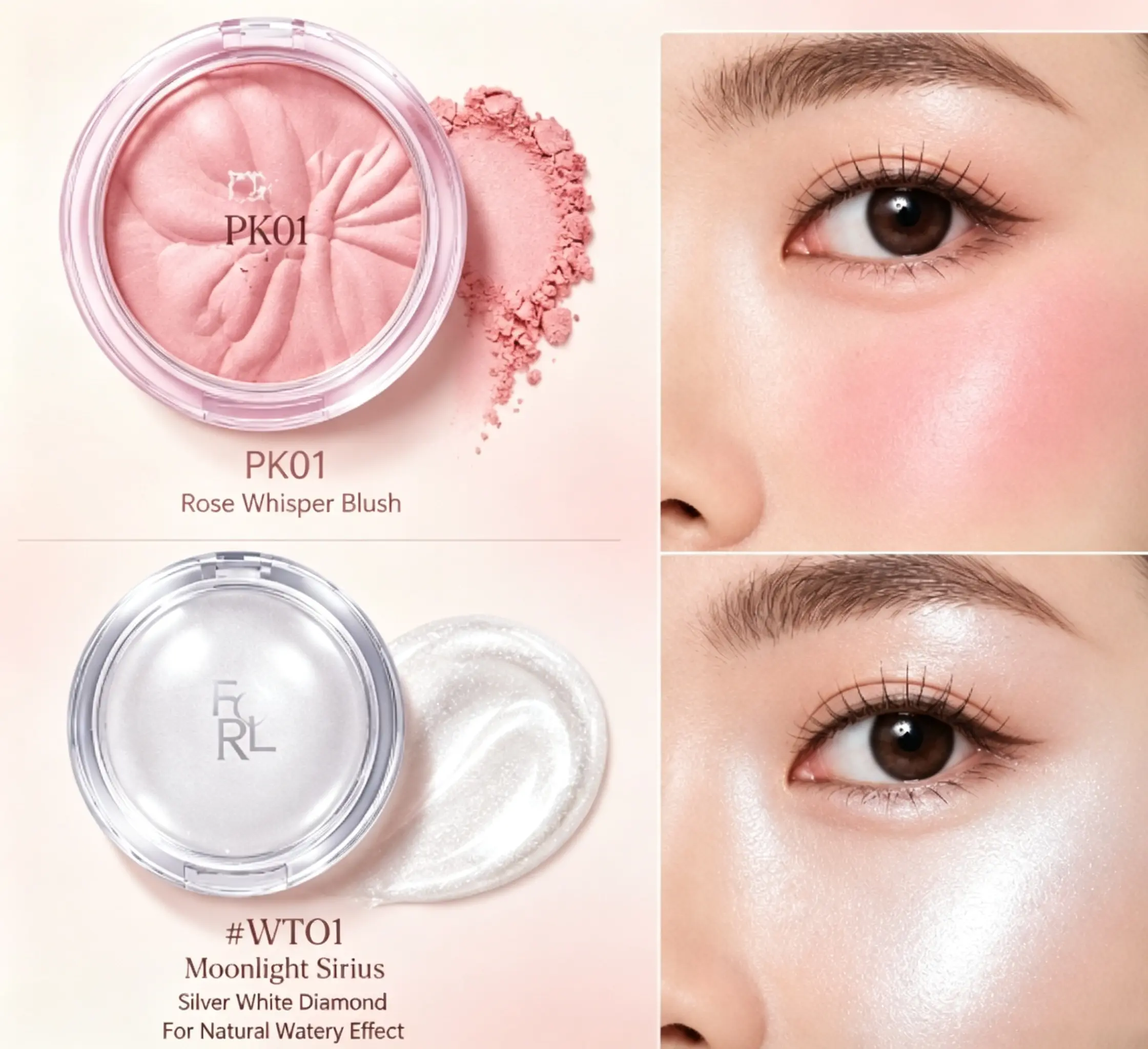 FOCALLURE Blush & Highlighter Duo Set, Baked Embossed Blush + Crystal Shimmer Highlighter, Natural Flush & Dewy Glow Daily Makeup Kit, Assorted Shades