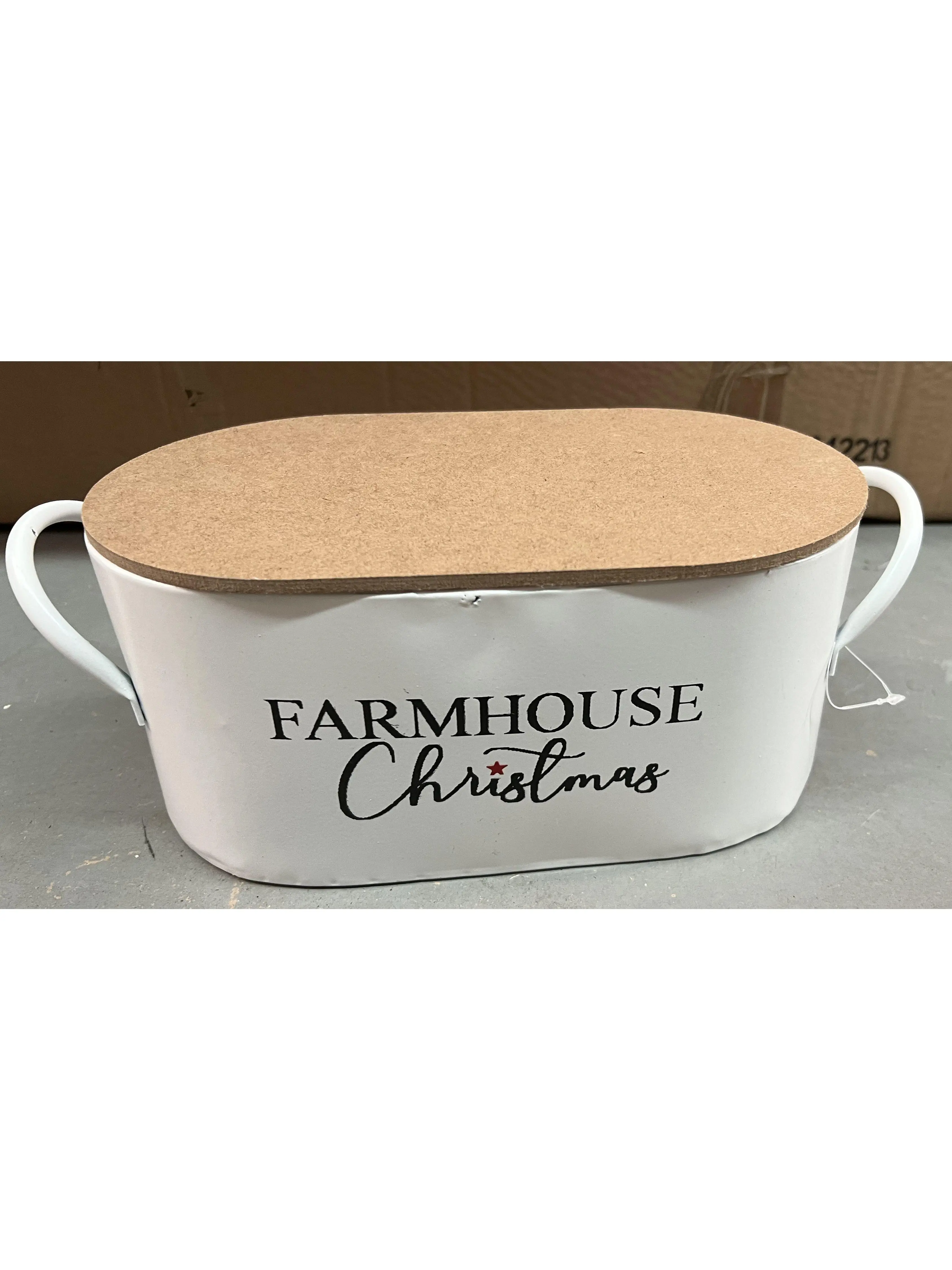MDR Trading AP-CTF720VSC Farmhouse Christmas White Metal Bucket with Lid, Festive Wall Decor Stickers Compatible Home Supply