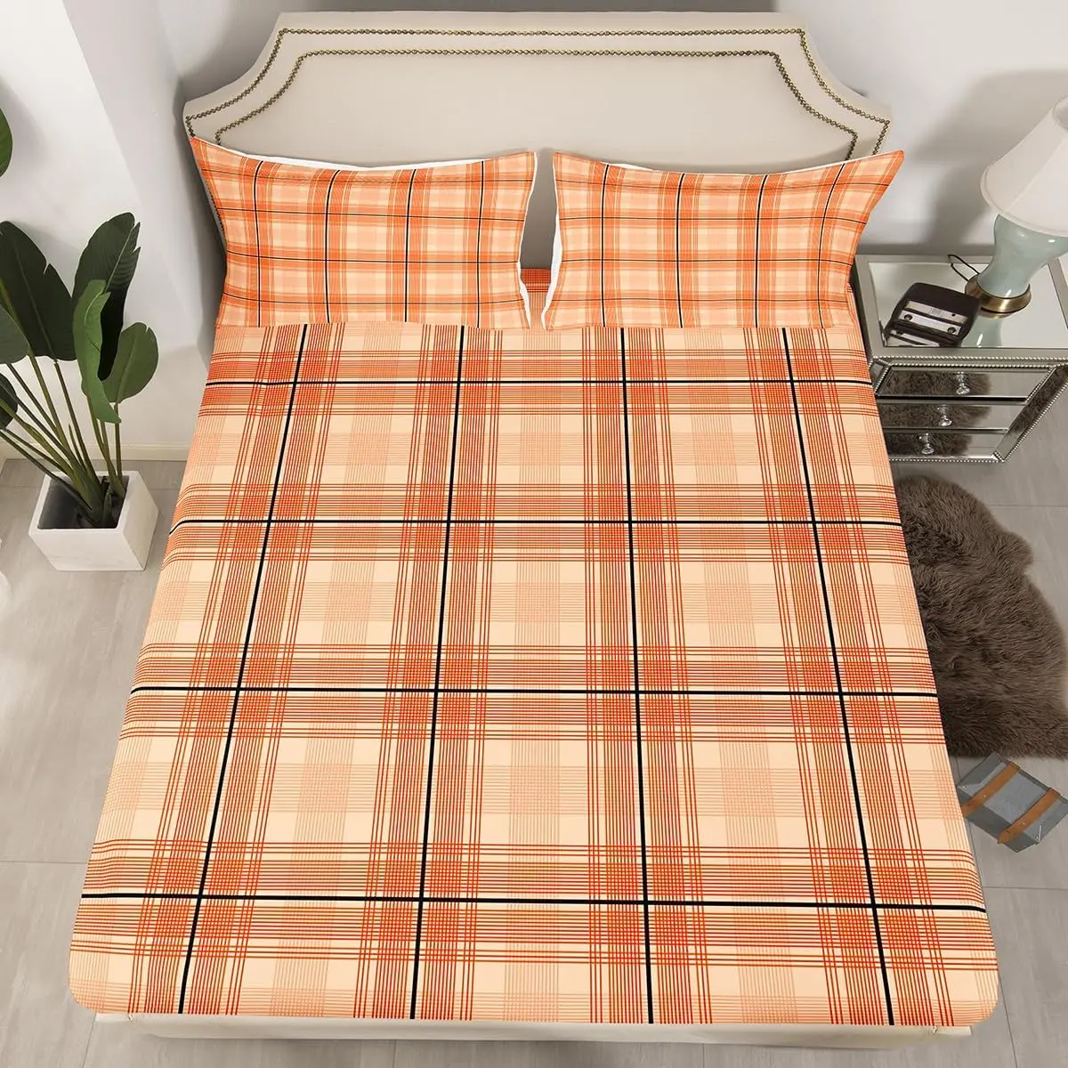 Orange Plaid Fitted Sheet Modern Checkered Geometric Bed Sheets Set 16" Deep Pocket Vintage Aesthetic Bedding Bedroom Decor Soft Lightweight Microfiber