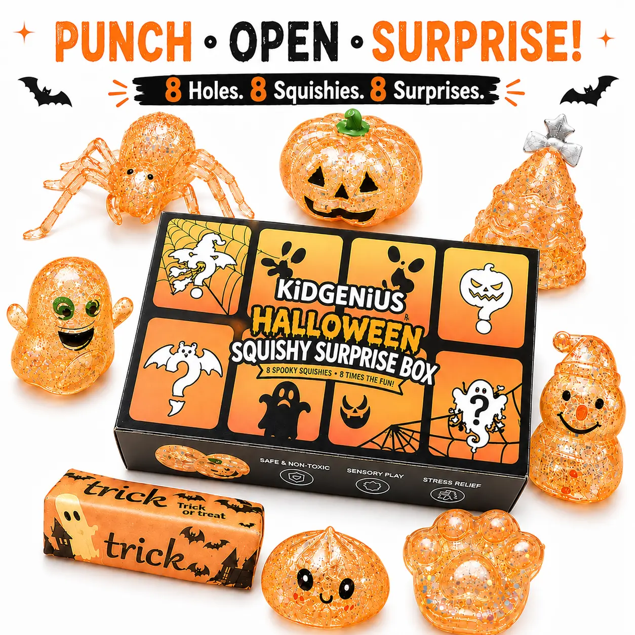 KIDGENIUS 8-Pack Halloween Squishies for Kids, Glitter Sensory Fidget Toys, Stress Relief Surprise Box, Classroom Prizes, School Rewards, Back to School Gifts & Party Favors