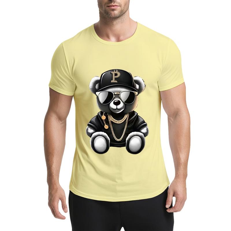 Men's Cotton Short-Sleeve Graphic T-Shirt - Hip-Hop Teddy Bear Sunglasses Print, Round Neck, Lightweight, Medium Length, Machine Washable Casual Streetwear Top, Standard Sizes, Sohochic