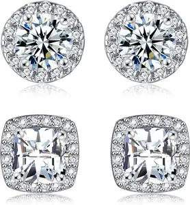 18K White Gold Plated Round Square Cubic Zirconia Simulated Diamond Halo Stud Earrings (2 Pairs)