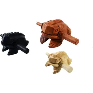 Guiros Percussion Instruments Wooden Frog 3 count Set of 4 Inch, 3 Inch, 2.75 Inch, Wooden Frog Musical Instrument (Brown/Black/ Color) (?Bubble wrap Package))