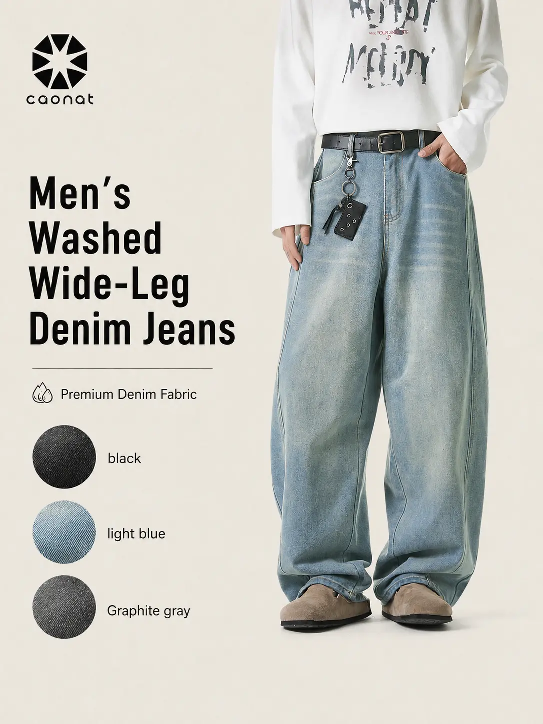 Men's Beige Wide Leg Jeans, BF Loose-Fit Hip Hop Streetwear, Ankle Length Denim with Pockets, Baggy Pants, Long, Streetwear Clothing, Men’s Clothes, Below The Ankle