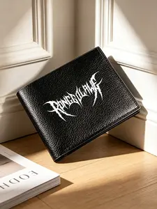 Trendy Metal Font Print Men's Wallet, Vintage Short Wallet, Two-Fold Coin Purse, Daily Commute Card Holder, Cowhide Leather, Vintage Style Wallet