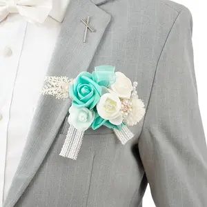 TINGE TIME 1 PCS Groom Boutonniere for Wedding, Luxury Pocket Boutonniere Card Groomsmen Boutonniere Pins for Wedding Ceremony Anniversary, Dinner Party, Prom Flowers and Vintage (TealGreen&Champagne)