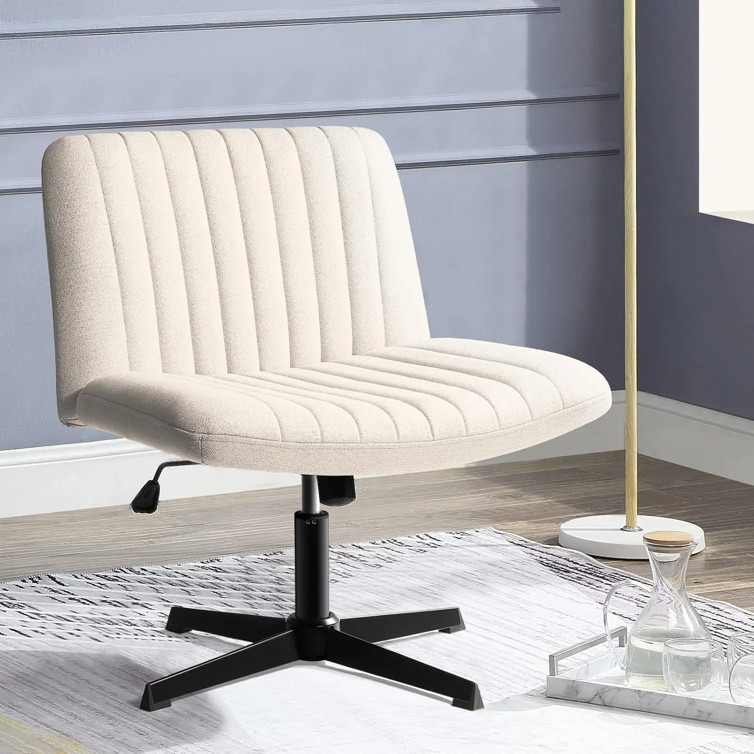 PUKAMI Criss Cross Chair,Armless Cross Legged Office Desk Chair No Wheels,Fabric Padded Modern Swivel Height Adjustable Mid Back Wide Seat Computer Task Vanity Chair for Home Office
