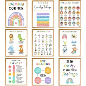 Classroom Poster, 9pcs/set Mental Health Themed Wall Decor Frameless Poster, Wall Art for Toddler Classroom Preschool Homeschool Decoration