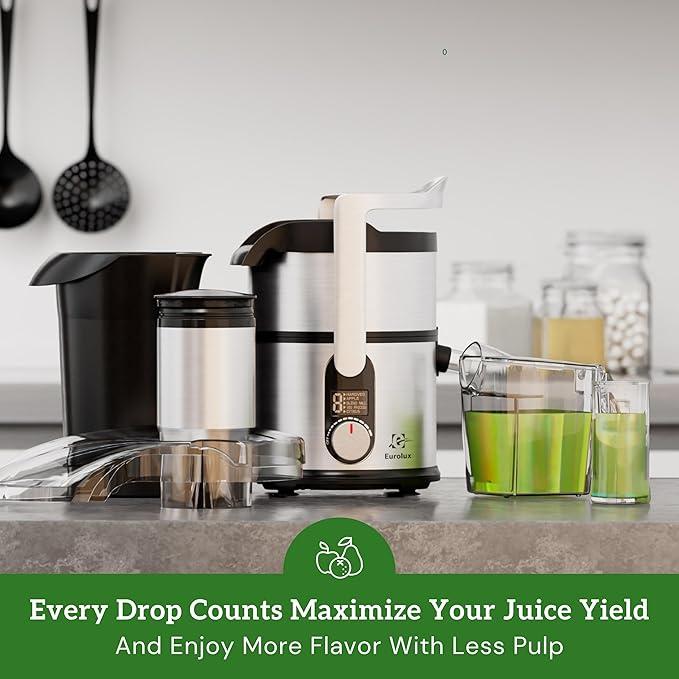 Eurolux Premium Juicer Machine 800W Pro Centrifugal Juicer with Wide Mouth 3" Feed Chute for Whole Fruits & Vegetables Easy to Clean Stainless Steel BPA-Free Powerful Juice Extractor Smoothie Blender
