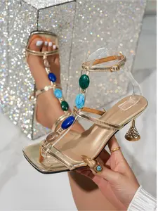 Boho Style Natural Stone Decor High Heel Sandals Square Toe Asymmetric Heel Ankle Strap Roman Shoes Footwear