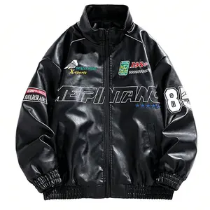 Men's Bomber Jacket, Racing Jacket, Faux Leather Coat, Streetwear Outerwear，Embroidered Moto Jacket, Vintage Racing Style, Faux Leather Bomber，90s Streetwear, Y2K Moto Style, Retro Racing Aesthetic, Urban Casual Outfit