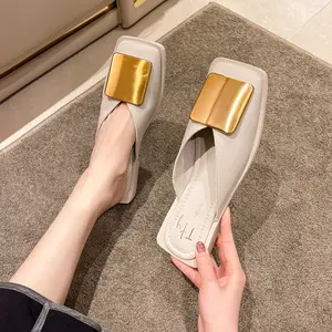 Elegant Black Slip-on Mules Shoes with Gold Metal Embellishment-Comfortable Low Heel, Square Toe Design, Artificial Upper, Non-Slip Rubber Sole, Suitable for All Seasons, Mules Shoes
