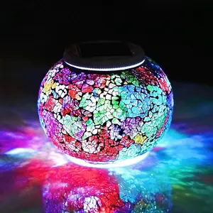 Solar Glass Ball Table Light Color Changing Solar Powered Mosaic Crackle Glass Table Lamps Waterproof LED Night Light for Bedroom Yard Patio Christmas Decorations (Crackle Glass, Multi-Colored)