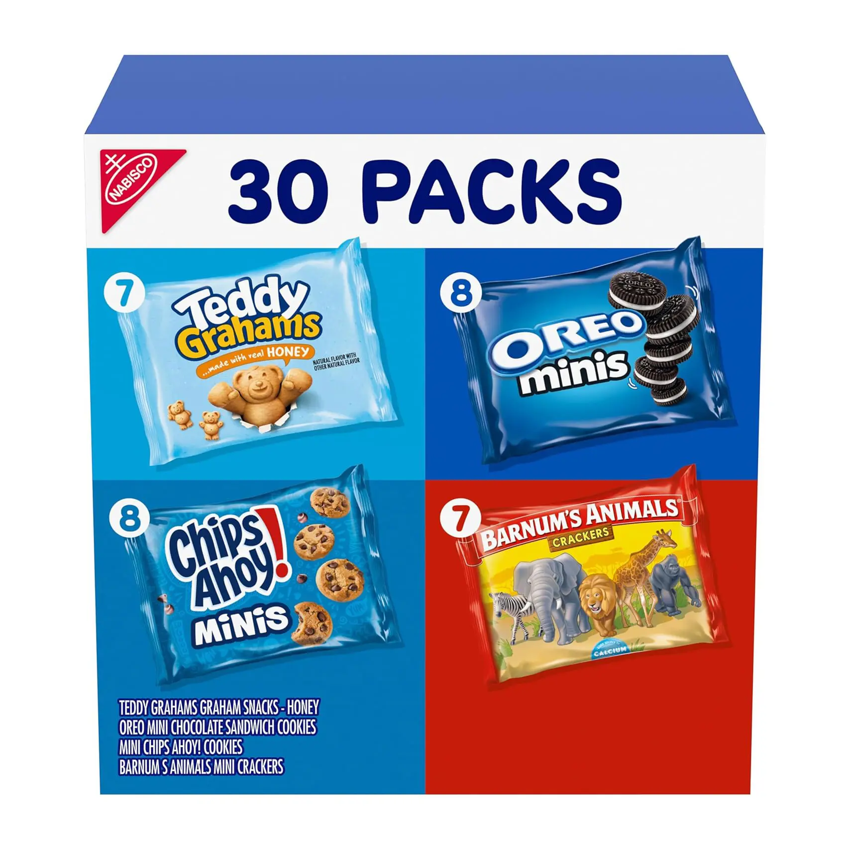 Team Favorites Variety Boxed Set - 30 Snack Packs of Oreo Mini, Chips Ahoy! Mini, Teddy Grahams Honey, Barnum's Animal Crackers - 1.88 lbs Party Snacks for All Ages, Cupboard-Storable Cookies & Biscuits, Crunchy Cookies, Assorted Packaged Snack Foods