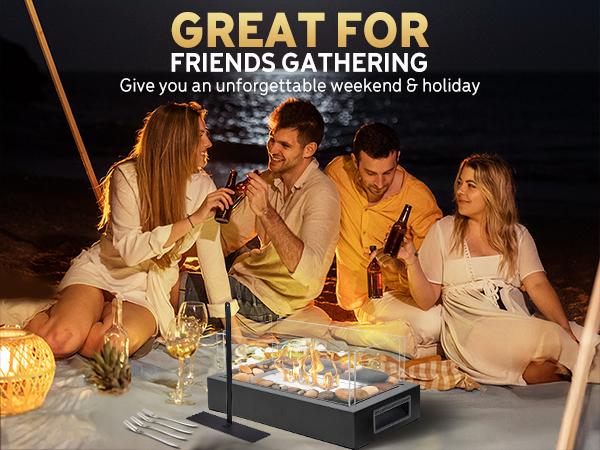 Rantizon Tabletop Fire Pit, Stainless Steel Table Top Firepit with Cobblestone & Protective Glass, Portable Smokeless Indoor & Outdoor Table Fireplace with Handle for Dinner Parties, Smores Maker