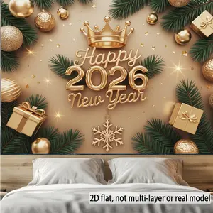 2026 Luxury Gold New Year Backdrop – "Happy 2026 New Year" Gilded Lettering, Crown & Golden Ornaments, Perfect for Parties & Elegant Celebrations, Brings Sophisticated Festive Vibe, Glamorous Gift, 2D Print