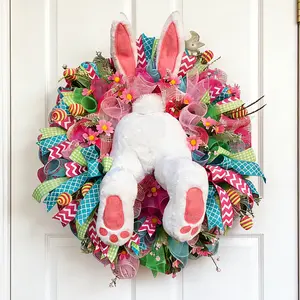 Easter Bunny Ears & Butt Wreath for Front Door, Bunny Thief with Carrots & Eggs Mesh Deco Wreath, Lovely Spring Easter Decor for Home, Porch, Door & Wall