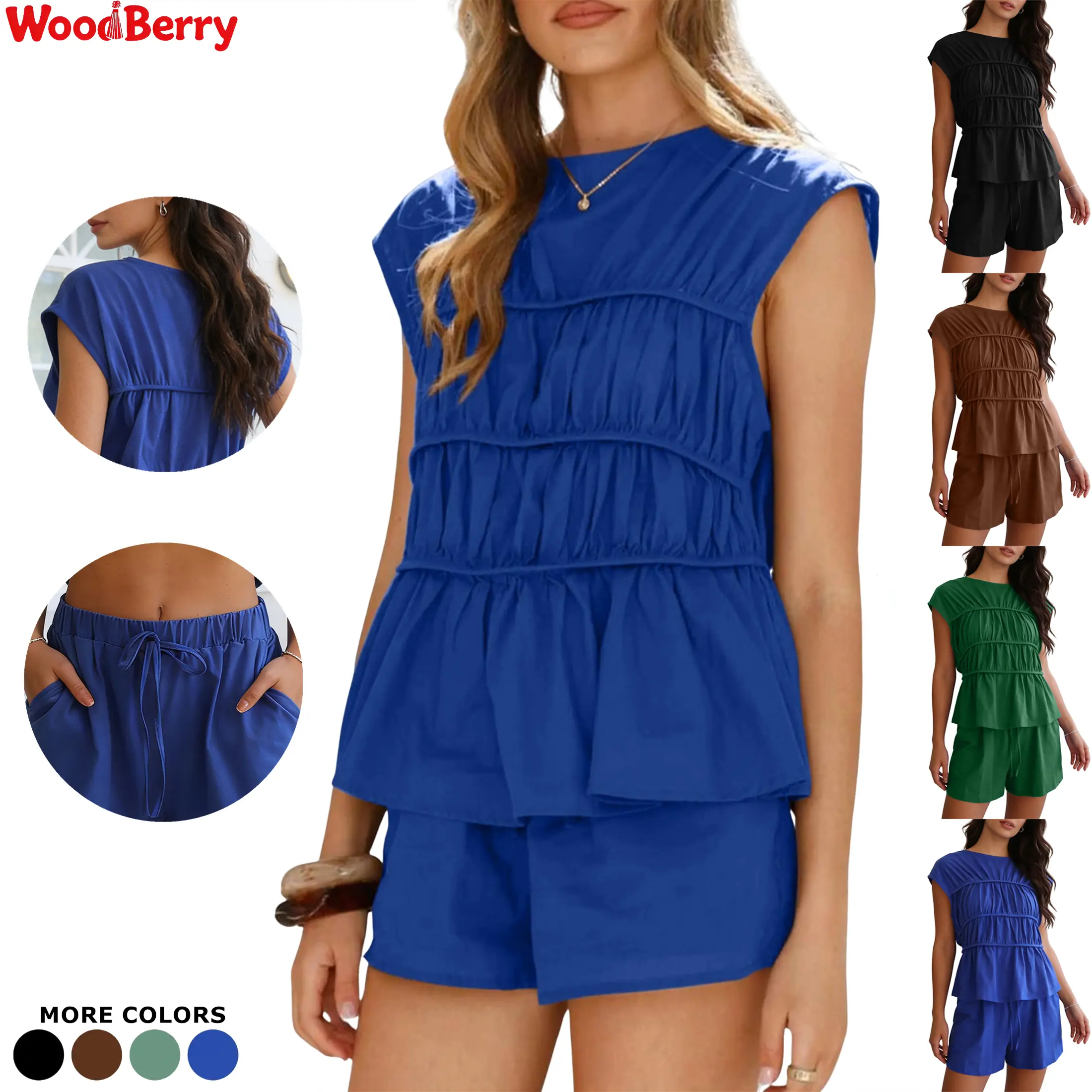 Women's Woodberry 2-Piece Cotton Set - Fitted Crew Neck Short-Sleeve Ruched Bodice Tiered Hem Shirt & Elastic Waist Drawstring Above-the-Knee Shorts, Chic, for Everyday Wear, Party