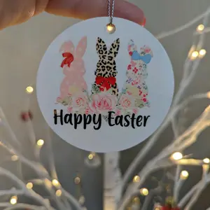 Three Bunnies Happy Easter Ornament Colorful Durable Decoration, Easter Tree ornament, Hanger included